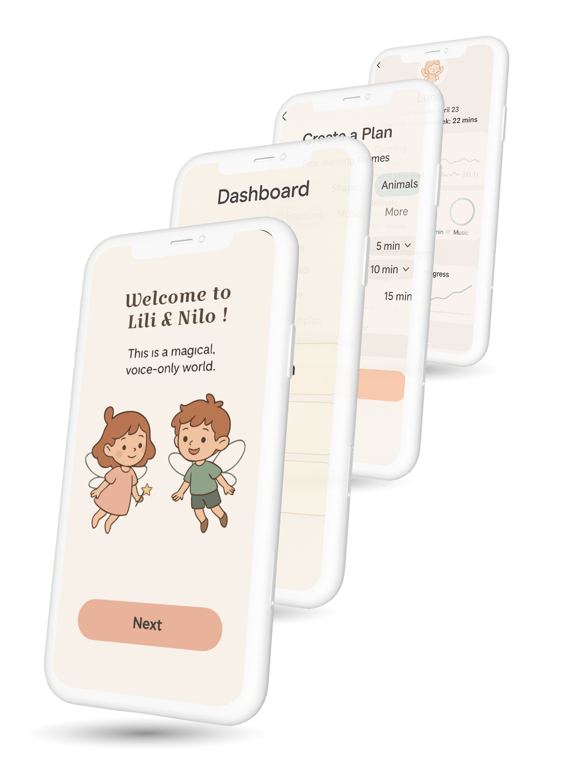 3D iPhone screenshots showing the Lili & Nilo app interface
